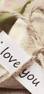 Romantic wallpaper with "I Love You" note and pink roses tied with twine.